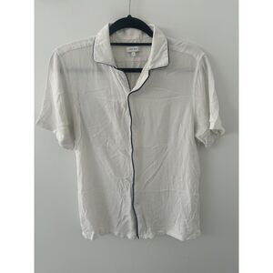 Reiss Men's White Short Sleeve Button Down Shirt Navy Trim Size Large